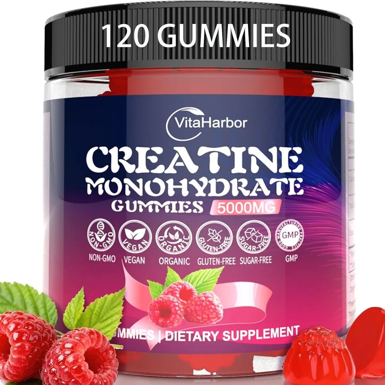Creatine Monohydrate Gummies 5000mg for Men & Women, Organic Pure Creatine Gummies | Sugar Free,Vegan, Non-GMO,Raspberry Flavor, 120 Count