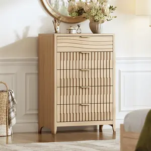 44 Inch Tall Fluted 5 Drawer Dresser Natural Oak