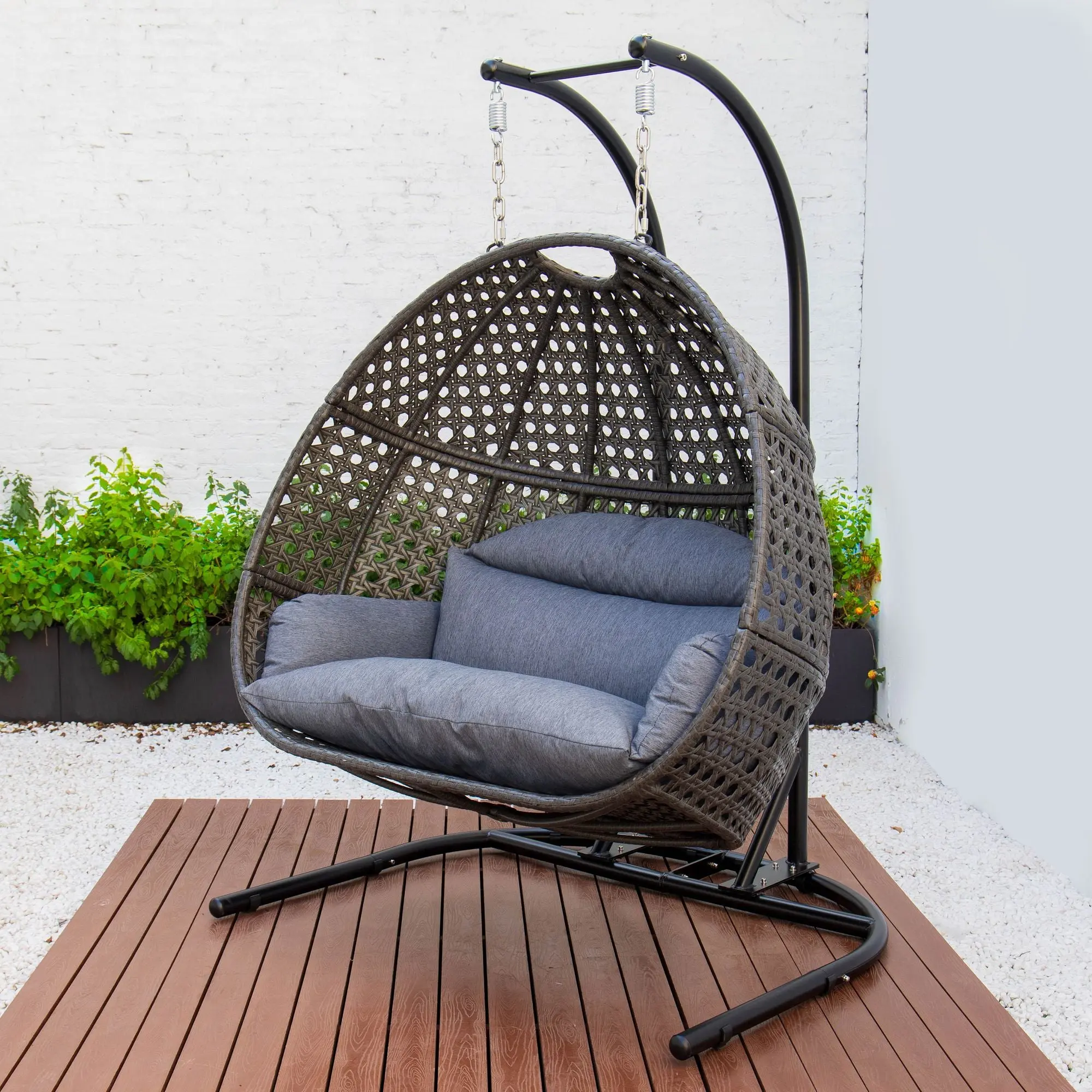 Wicker Double Hanging Swing w/ Dust Blue Cushion