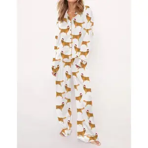 Women’s Christmas Golden Retriever Satin Pajama Set, Festive Short-Sleeve Sleepwear, Xmas Gifts for Her, Long-Sleeve Pajamas
