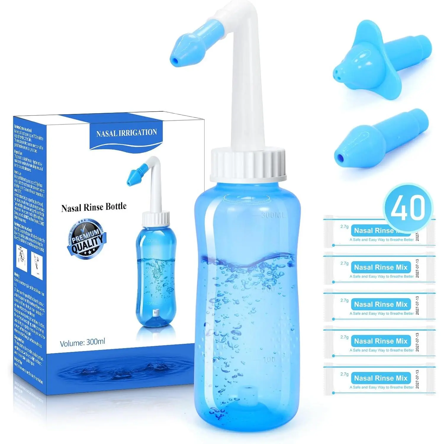 300ml Nasal Rinse Bottle Kit - Sinus Rinse Neti Pot for Allergies & Hydrating Relief, with 40 Nasal Wash Salt Packets, 2 Nozzles for Adults & Kids, Portable, Compact, 9.25x2.36x2.36in, 40 Packets, Plastic