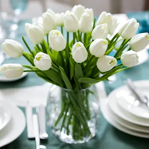 20PCS White Real Touch PU Tulips Artificial Flowers, Faux Tulip Bouquet for Wedding Easter Spring Party Home Dining Table Office Indoor Decor