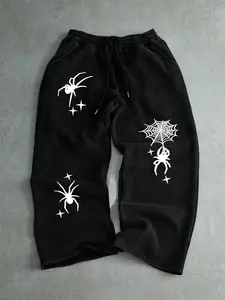 Halloween Spider Print Drawstring Waist Sweatpants, Comfortable Casual Fitted Pants for Men & Women, Fall Winter Daily Wear