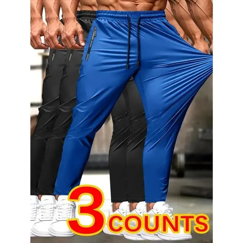 3pcs Men'S High Elasticity Breathable Pants, Casual Style with Drawstring Waist, Letter Pattern, Zippered Pockets, for Fitness Jogging Cycling - Nylon Knit Fabric, Low Waist, 9/10 Length 3pcs Men'S High Elasticity Breathable Pants, Casual Style with Drawstring Waist, Letter Pattern, Zippered Pockets, for Fitness Jogging Cycling - Nylon Knit Fabric, Low Waist, 9/10 Length