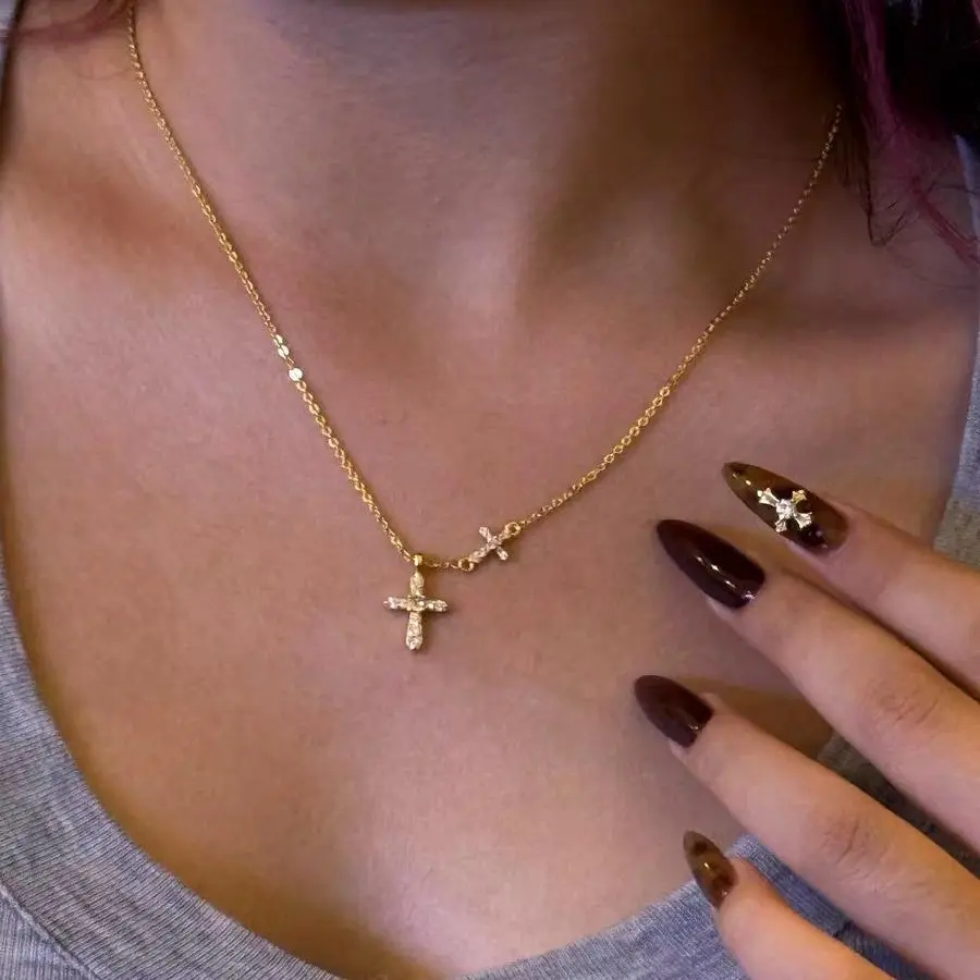 Oufer Twp Cross Pendant 14K Gold Plated Necklace for Women