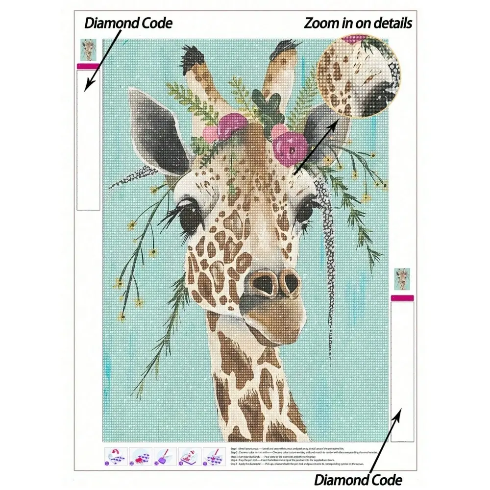 5D DIY Diamond Painting, Wreath Decor Giraffe With Perching Birds DIY Diamond Painting Set, Soft Blue-Green Background With Floral Accents, Canvas Wall Art, Home Decor Diamond Painting, Mosaic Kit, Crafts, DIY Your Own Wall Art