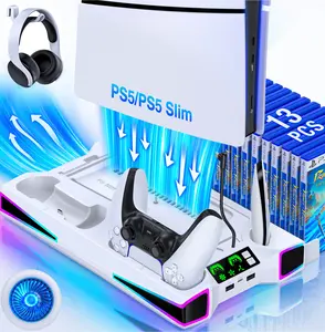 PS5 / PS5 Slim Stand and Cooling Station with LED Controller Charging Station for PlayStation 5 Console, PS5 Controller Charger, PS5 / PS5 Slim Accessories with 3 Level Cooling Fan