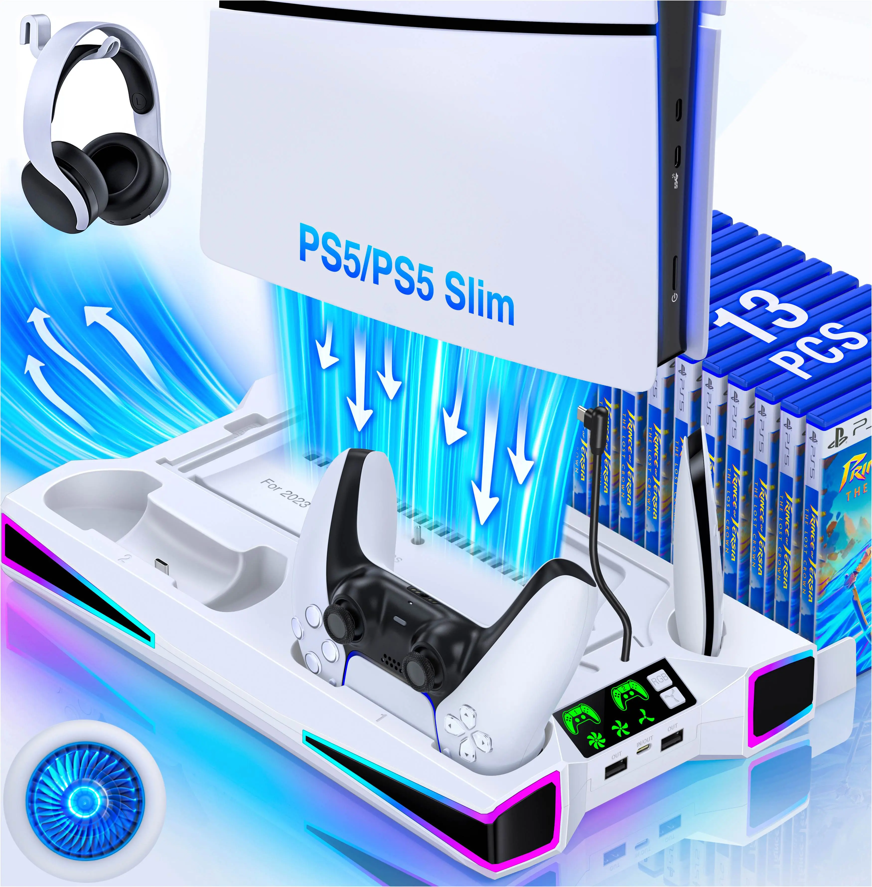 PS5 / PS5 Slim Stand and Cooling Station with LED Controller Charging Station for PlayStation 5 Console, PS5 Controller Charger, PS5 / PS5 Slim Accessories with 3 Level Cooling Fan