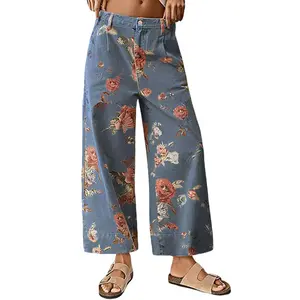 Chouyatou women's mid-rise floral print cropped jeans bohemian loose wide-leg jeans