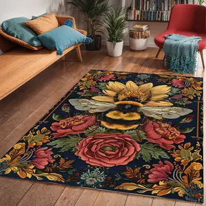 Vintage Bee Print Carpet for Living Room Bedroom Bedside, Foldable Washable Anti-Slip Large Plush Rug, Easy Care Soft Floor Mat