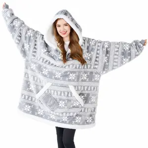Christmas 2025 Gifts Giggling Getup Christmas Wearable Blanket Hoodie for Women Men - Oversized Flannel Sherpa Fleece Sweatshirt Blanket - with Giant Pocket & Sleeves - Cozy Warm Blanket Gifts for Adults Grey Snowflake
