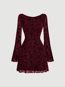 women's floral print backless flounce sleeve dress, elegant round neck long sleeve a line dress for party holiday wedding guest, ladies clothes for summer