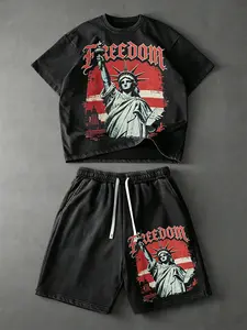 Men's and women's style, urban-chic, gothic-inspired, summer wash cotton soft fabric short-sleeved T-shirt and shorts set, with a Liberty Goddess print design, distressed urban style, dropped shoulder design, loose fit, Y2K, urban, Streetwear
