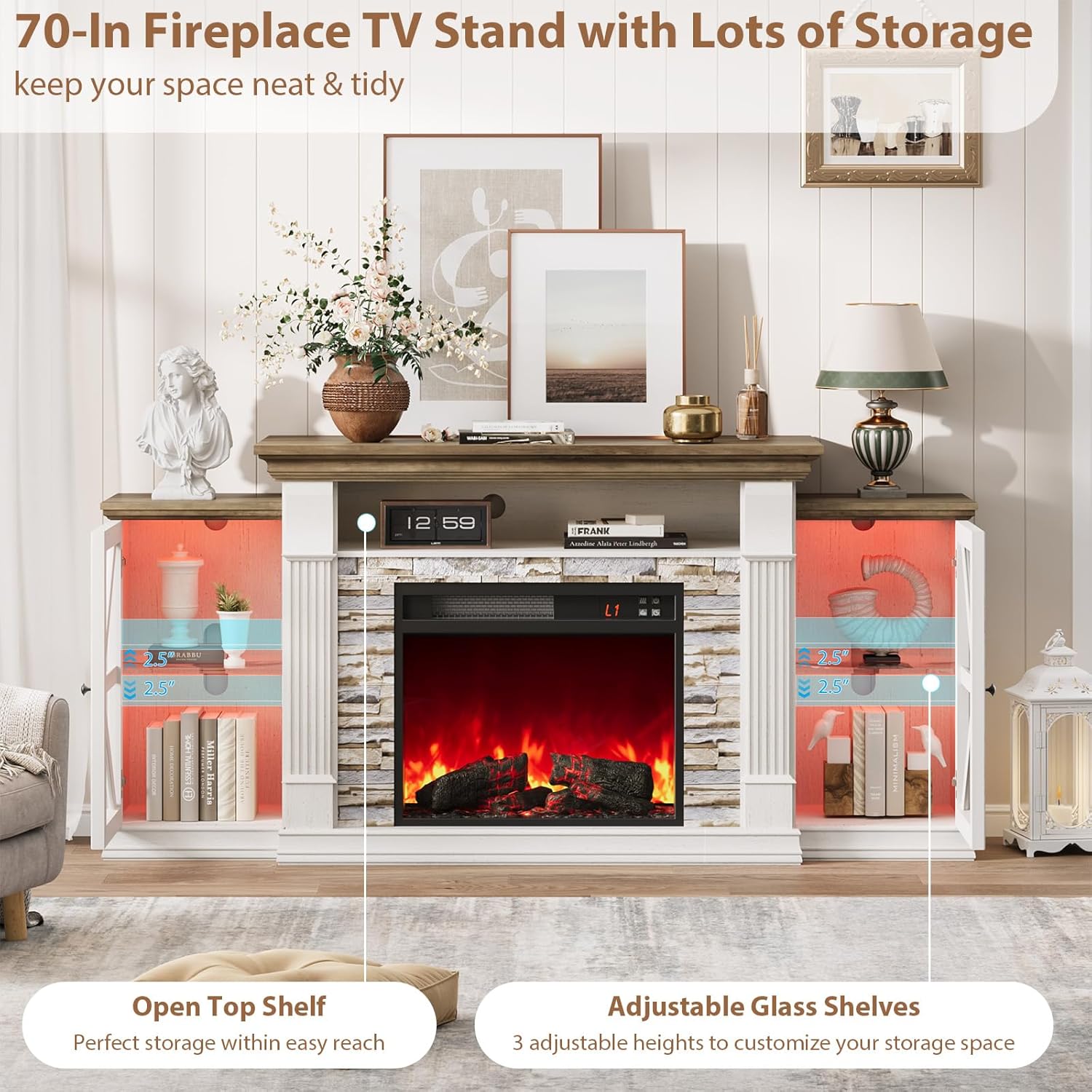 Electric Fireplace TV Stand, 70" Farmhouse Entertainment Center with Open Shelf and Glass Barn Door Cabniet, Modern, Customized Electric Fireplace TV Stand, 70" Farmhouse Entertainment Center with Open Shelf and Glass Barn Door Cabniet, Modern, Customized