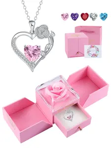 Rose Flower Heart Pendant Necklace With Rose Jewelry Gift Box, Exquisite Jewelry Gift, Anniversary Valentines Day Necklace Gift for Wife Girlfriend, Birthday Gifts for Mom Daughter