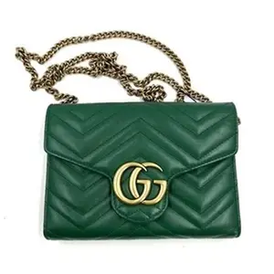 Pre-owned GUCCI LEATHER Crossbody Bags US0031 Calfskin Matelasse GG Marmont Chain Wallet Emerald Green OH1051
