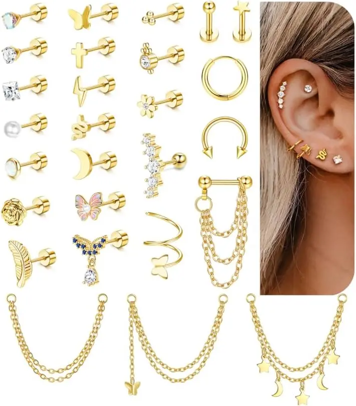 27 count Flat  Earrings  Surgical Steel Cartilage Stud Earring Stacks Set for Mutiple Piercing Dainty Chain Dangle Conch Tragus Daith Helix Piercing  for Women Men Trendy 16G