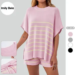 Imily Bela Women's Striped 2 Piece Outfits Oversized Batwing Short Sleeve Tops High Waisted Shorts Summer Knit Lounge Short Sets
