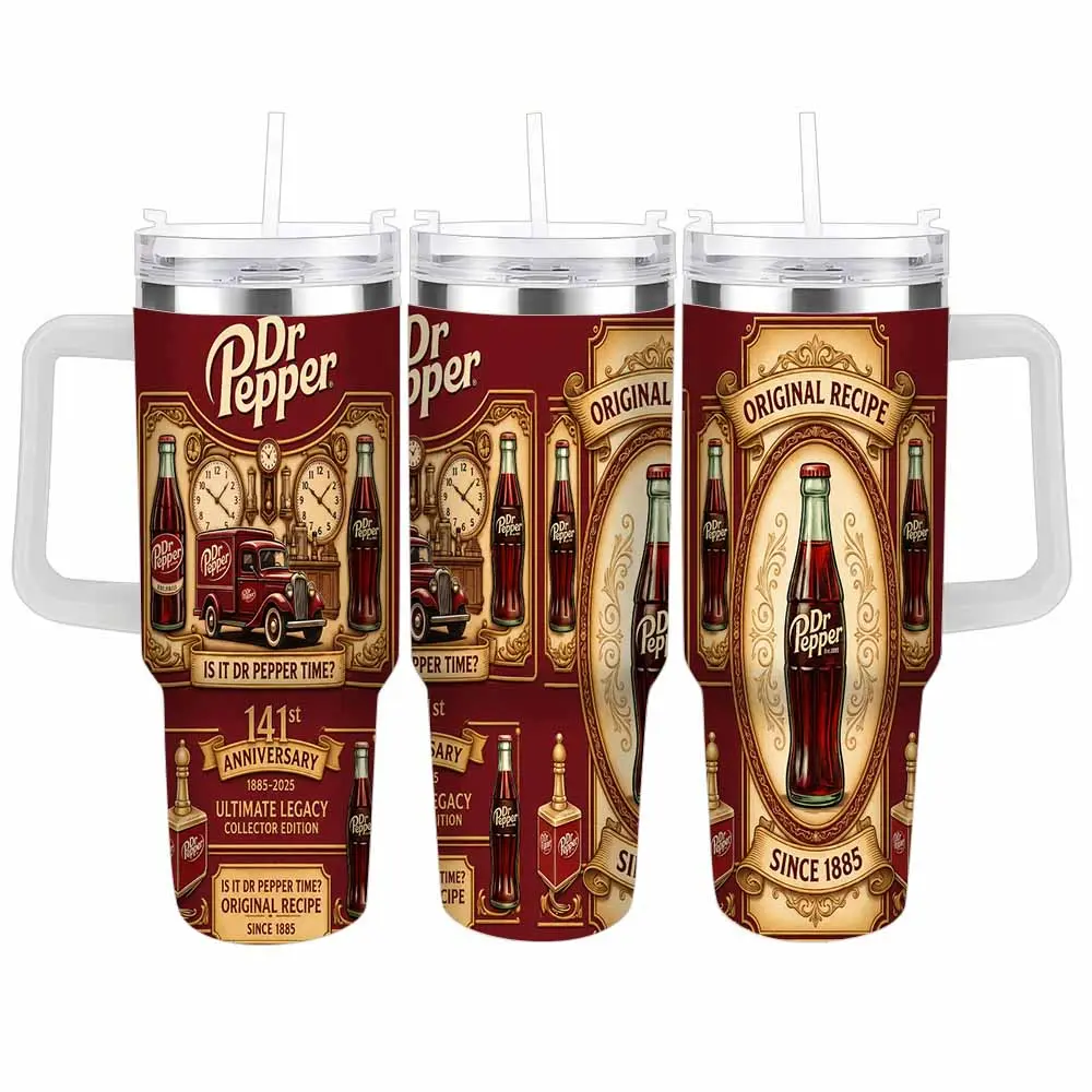 Dr-Pepper 23 Flavors 141st Anniversary Limited Edition Tumbler With Handle Straw 40oz, 1885-2026 Vintage Steampunk Clock Gears Aesthetic Stainless Steel Insulated Travel Mug Cup, Perfect Retro Merch Gift For Dr Pepper Fans