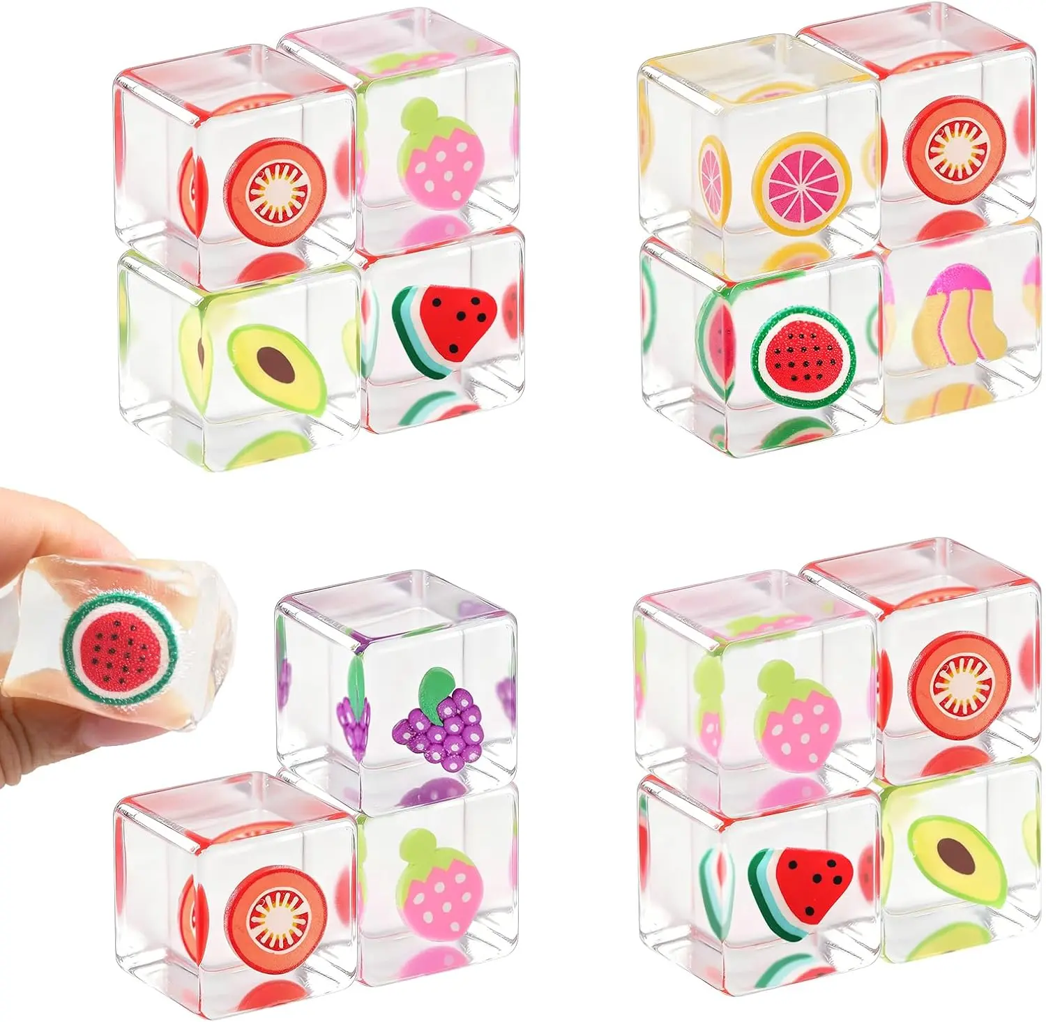 16PCS Unisex Ice Cube & Fruit Squishy Toys - Stretchy PVC-Free Stress Relief Fidget Toys for 3+ Years Old, Classroom Prizes, Party Favors