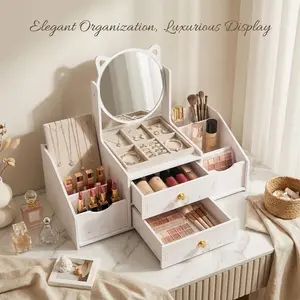 Cat-Shaped Makeup Mirror, 360° Rotating Design, Perfect for Dressing Tables, Includes Mirror & Drawer, Great Gift for Women