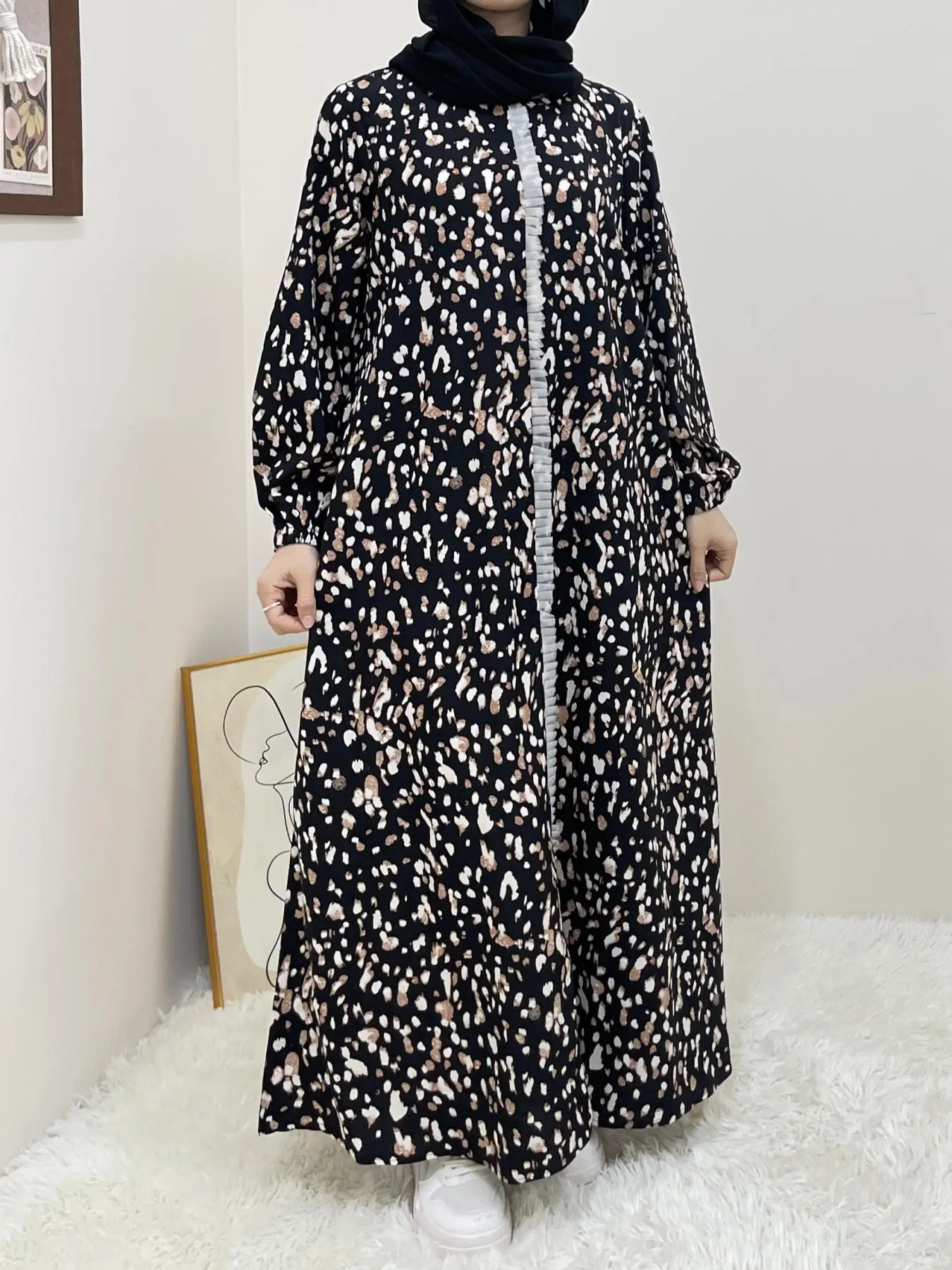 Arabic Clothing-All Over Print Frill Contrast Mesh Belted Arabian Dress, Modest Pocket Bishop Sleeve Long Dress, Women's Spring & Fall Islamic Clothin