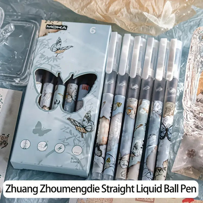 6pcs butterfly pattern quick drying neutral pens, 0.5mm fine tip, black ink - ideal choice for office use, holiday gift pen, study stationery, Christmas gifts preferred, Rollerball Pen Set