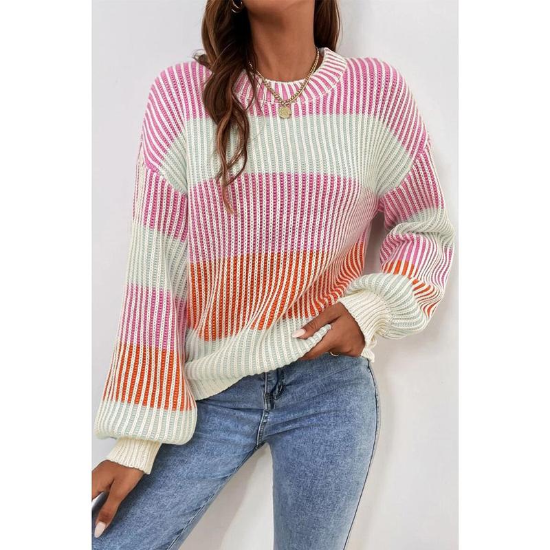 Pink Colorblock Textured Knit Bubble Sleeve Sweater