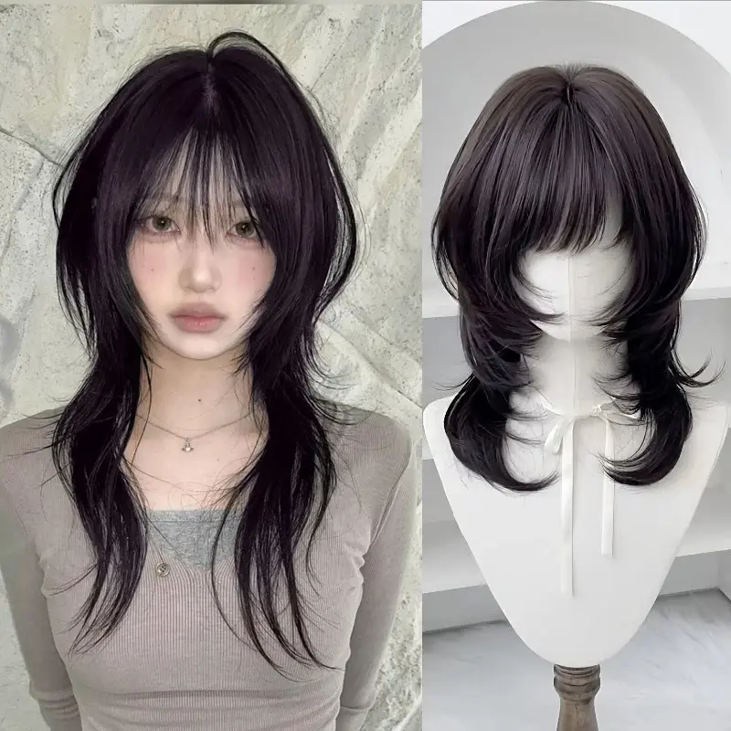 Synthetic Women Wig Hairpiece 18inch High-layered Mullet Haircut Wolf Cut Black Wig with Hair Bangs for Women Daily Party Use