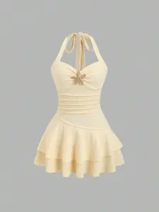 Women's New Summer Dress, Beach Vacation Style, Elegant Fabric, Halter Neck, Front Pleats, Metal Decor, Layered Ruffles, Playful Mini Dress