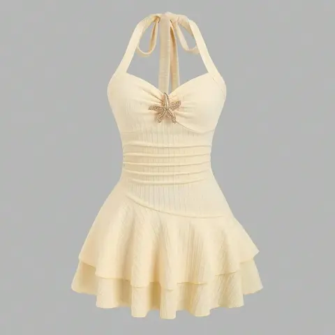 Women's New Summer Dress, Beach Vacation Style, Elegant Draped Halter Neck Ruched Playful Mini Dress with Metal Decor & Layered Ruffles