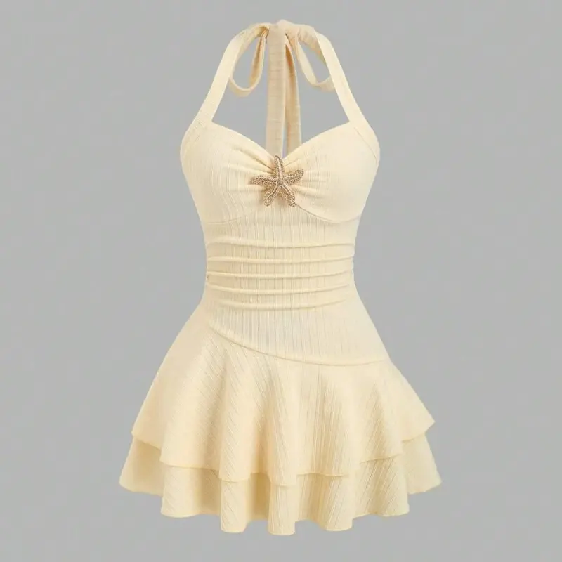Women's New Summer Dress, Beach Vacation Style, Elegant Draped Halter Neck Ruched Playful Mini Dress with Metal Decor & Layered Ruffles
