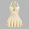 Women's New Summer Dress, Beach Vacation Style, Elegant Draped Halter Neck Ruched Playful Mini Dress with Metal Decor & Layered Ruffles