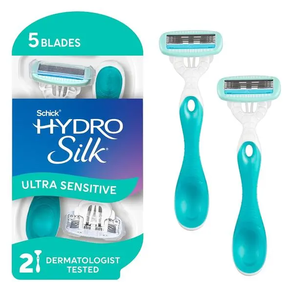 Schick Hydro Silk Sensitive Womens Disposable Razors, 2 Count, 5-Blade Disposable Razors for Women Sensitive Skin, Travel Razor for Women