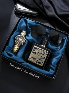 Cool Three-Piece Gift Box Set: Gold Watch + Fashion Sunglasses + Hollow Perfume Bottle, Trendy Mix-And-Match Style, Perfect for Men, Exquisite Watch Set