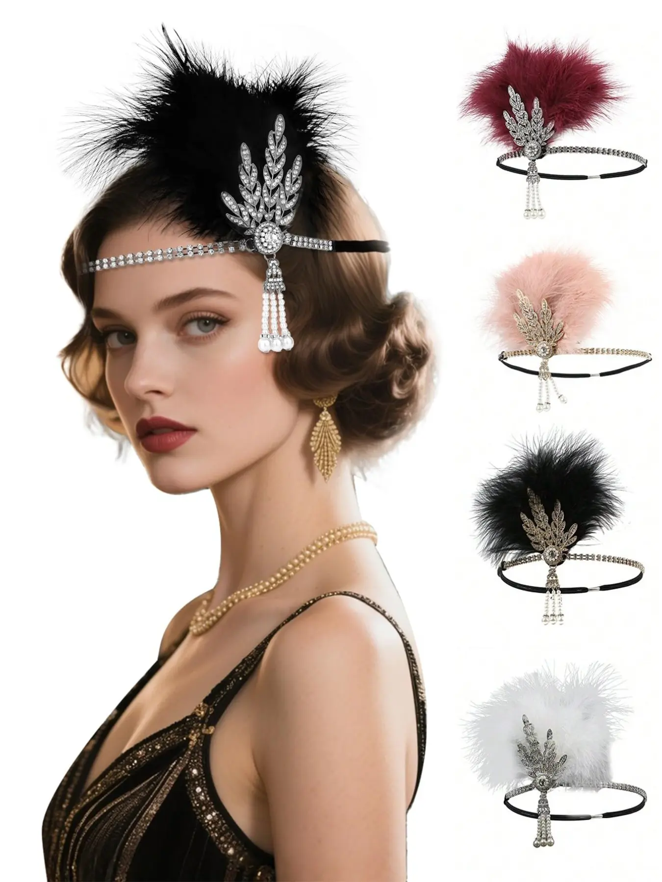 1920s Flapper Headpiece Great Gatsby Feather Headband Costume Black Sliver Rhinestone Roaring 20s Jewelry Headdress Leaf Vintage Head Chain Crystal Hair Accessories Elegant Crown Design Wedding Prom Party For Women Bling Hair