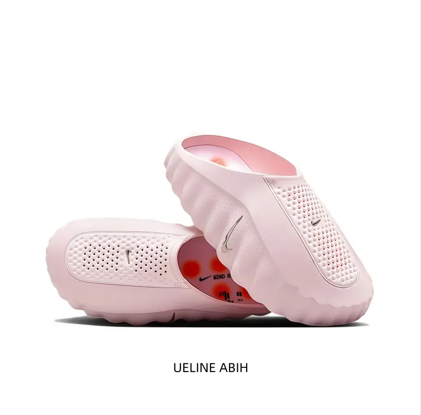 Light Pink Thick Sole Slides Sandals Soft EVA Upper Mesh Breathable Panel Non Slip Wavy Outsole Comfortable Casual Unisex Daily Wear Slippers