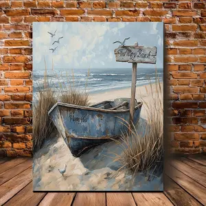1pc Nautical Boat Canvas Wall Art - Beach Coastal Decor Wooden Framed Painting - Anniversary Gift Idea, Rowboat on Beach Scene