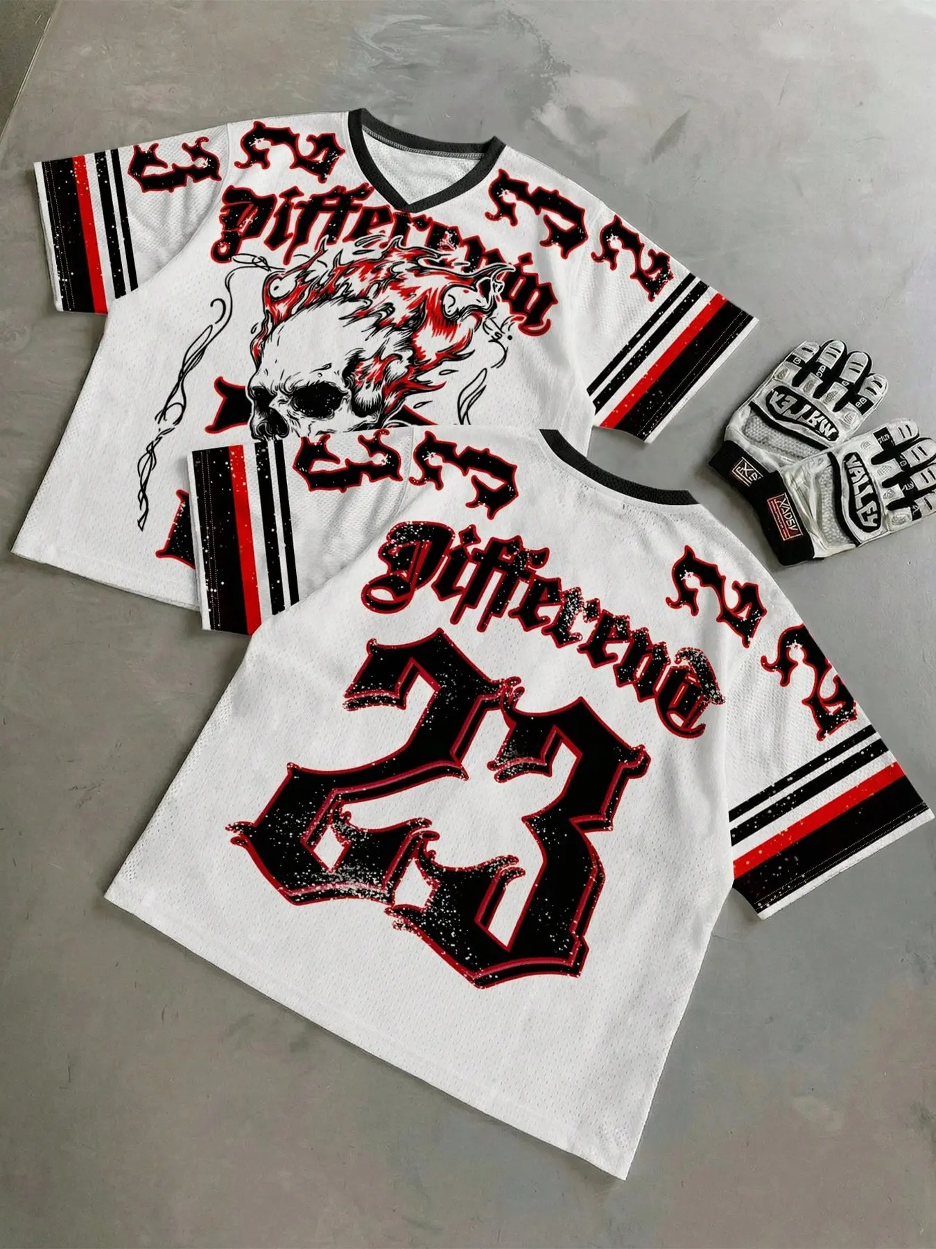 Men's White Flame Skull Print Mesh Jersey, Short Sleeve Jersey, Gothic Letter 23 Graphic Streetwear Top, Sports Jersey, Breathable Athletic Top, Suitable for Hip Hop and Street Style Outfits
