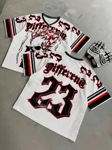 Men's White Flame Skull Print Mesh Jersey, Gothic Letter 23 Graphic Streetwear Top, Sports Jersey, Suitable for Hip Hop and Street Style Outfits