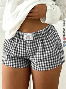 Ladies' American plaid shorts, relaxed home style, waist tag label design, multi-color plaid optional, suitable for both home and outdoor wear
