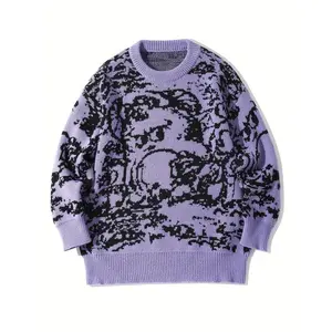 1pc elegant MEN'S crew neck sweater-100% polyester high stretch knit fabric, casual loose fit long sleeve top with animal pattern for Christmas, fall/winter season