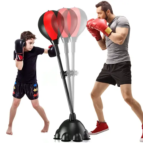 Freestanding Height-Adjustable Punching Bag (43"-63") with Sturdy Base - 1 x Punching Bag, 360° Rebound Hit, Boxing Gloves Pair, Pump, Speed & Reflex Trainer, Fits Kids/Adults for Fitness & Stress Relief