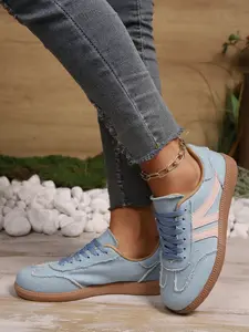 Vintage Denim Trainers Women, Faux Fur Trim Colorblock Flat Shoes, Versatile Casual Footwear for Everyday Wear, Comfortable & Stylish Design