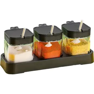 Condiment jar spice container with lids and spoons, 3-set kitchen spice jars, 11 oz/300 ml clear glass condiment jar with tray for storing salt, pepper, and sugar in the kitchen (black).