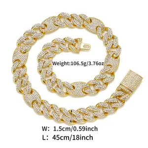 European and American 15mm Cuban chain alloy full-diamond pig nose bubble trendy rap party hip-hop necklace