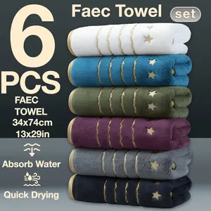 Set of 6 Gold-Trimmed Outdoor Towels, Quick-Drying And Absorbent, Measuring 74*34Cm, Featuring a Simple Embroidered Five-Star Design. Ideal for Outdoor Camping, Beach Trips, Fitness, Swimming, Travel, And Spa Activities, Suitable for Halloween