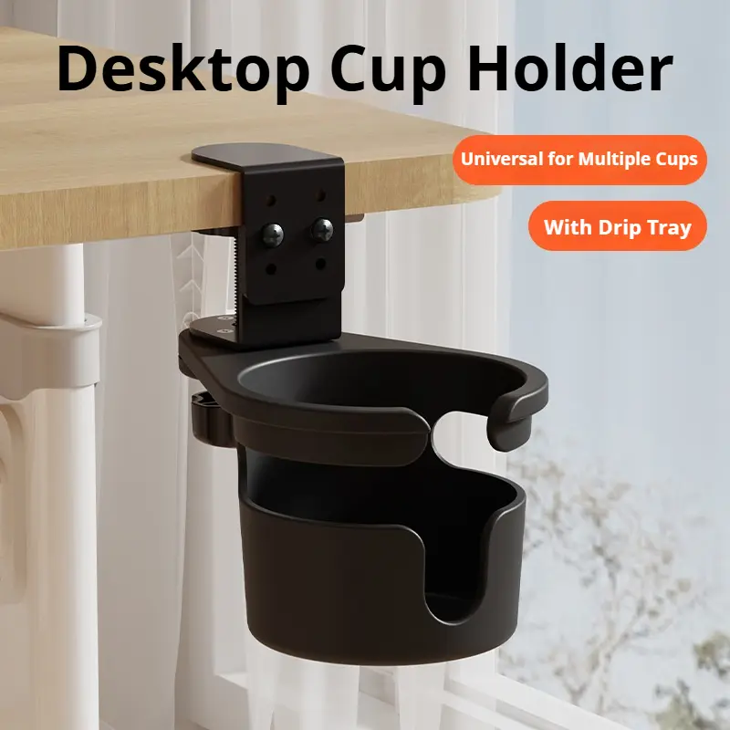 Desktop Rotating Cup Holder – Space-Saving Cup Organizer with Anti-Drop Design, Edge-Mounted Perforated Cup Support Stand, Clamp-On Table Storage Rack for Coffee Mugs, Beverage Cups, and Drink Containers