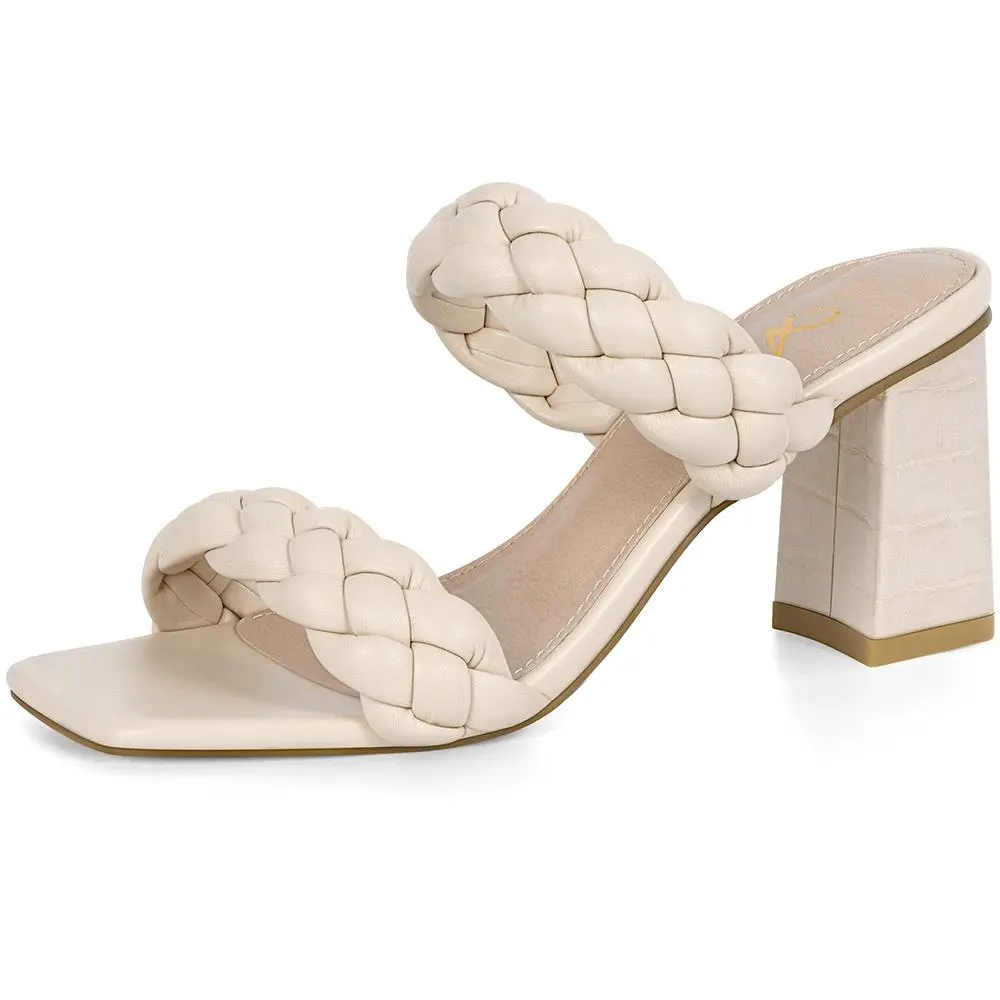 Womens Braided Heeled Sandals Summer Square Open Toe Two Strappy Woven Mules Casual Slip on Block Heels Walking Shoes Footwear