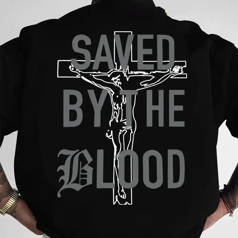 "Saved By The Blood" Back Print Christian Tee, Cross Graphic Shirt